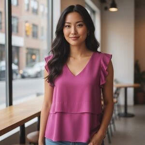 Naked Zebra Magenta Ruffle Sleeve Layered V-Neck Blouse Size S